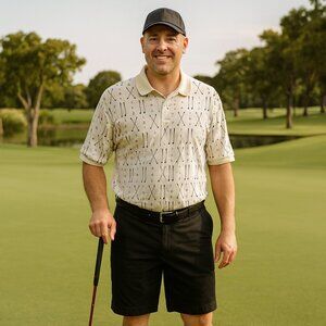 Chaps‎ Ralph Lauren AOP Golf Clubs Beige Short Sleeve Resort Polo Shirt Men XXL